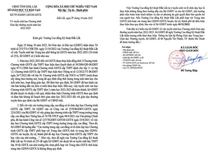Công văn Sở Giáo dục và Đào tạo Đắk Lắk gửi ngày 2/11/2022 để chấn chỉnh về sự việc tại Trường cao đẳng Kỹ thuật Đắk Lắk. Ảnh: Sở Giáo dục và Đào tạo Đắk Lắk cung cấp