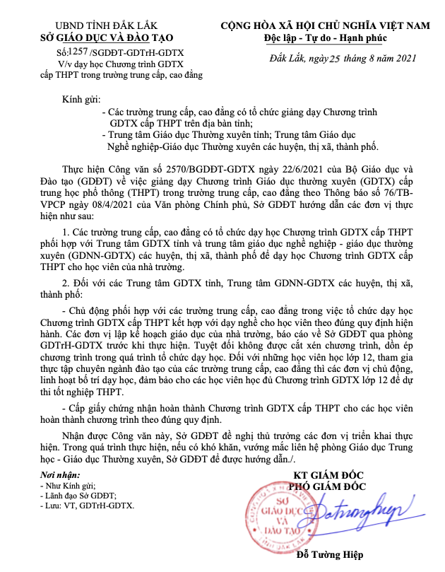 Công văn chỉ đạo chung với các trường trung cấp, cao đẳng có tổ chức dạy Chương trình Giáo dục thường xuyên cấp Trung học phổ thông trên địa bàn của Sở Giáo dục và Đào tạo Đắk Lắk. Ảnh: Sở Giáo dục và Đào tạo Đắk Lắk cung cấp