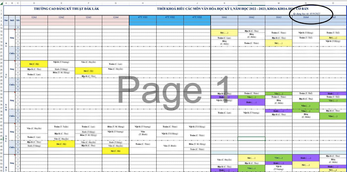 Thời khoá biểu các môn văn hoá học kỳ 1, năm học 2022 - 2023. Mốc thời gian bắt đầu từ ngày 5/9/2022. Ảnh: CTV Thời khoá biểu các môn văn hoá học kỳ 1, năm học 2022 - 2023. Mốc thời gian bắt đầu từ ngày 5/9/2022. Ảnh: CTV