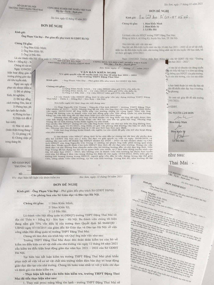 Vì không đồng tình với kết luận trong công văn, các cổ đông góp vốn của Trường Đặng Thai Mai đã gửi rất nhiều đơn kiến nghị lên Sở Giáo dục Hà Nội đề nghị xem xét cấp chỉ tiêu tuyển sinh năm học 2021-2022. Ảnh: Trung Dũng