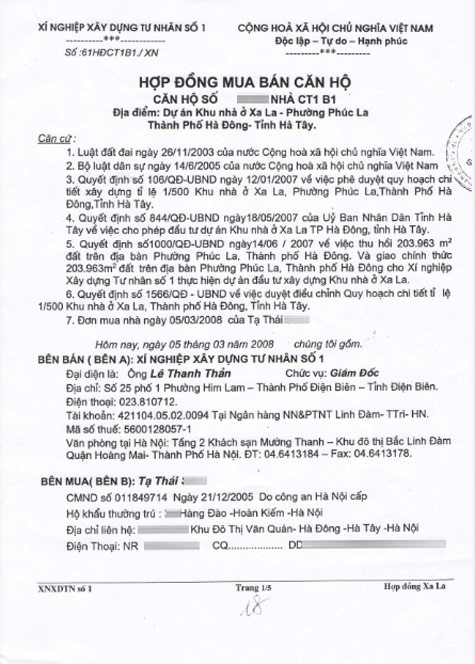 Hợp đồng mua bán căn hộ tại tầng 9 chung cư Xa La đứng tên ông T.T.Sơn nhưng đã được chủ đầu tư bàn giao cho người khác (Ảnh do nhân vật cung cấp).