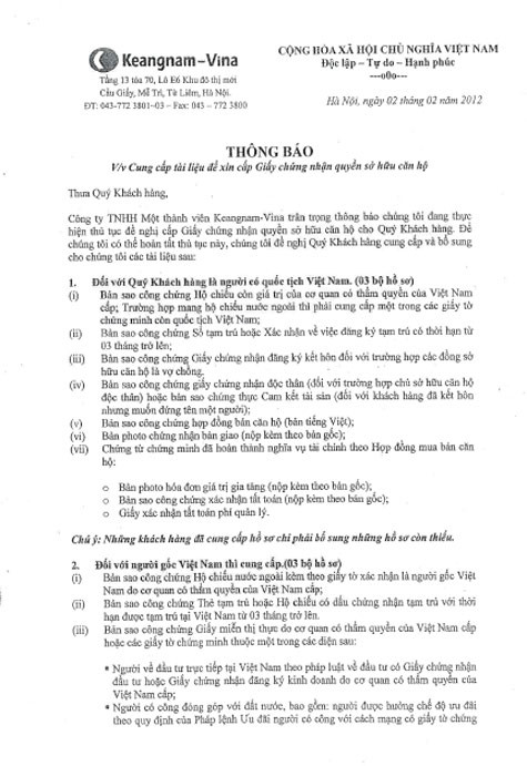 Trong bảng thông báo về việc cung cấp tài liệu để xin cấp Giấy chứng nhận quyền sở hữu căn hộ, chủ đầu tư Keangnam Vina yêu cầu cư dân phải có "Giấy xác nhận tất toán phí quản lý". Trong bảng thông báo về việc cung cấp tài liệu để xin cấp Giấy chứng nhận quyền sở hữu căn hộ, chủ đầu tư Keangnam Vina yêu cầu cư dân phải có "Giấy xác nhận tất toán phí quản lý".