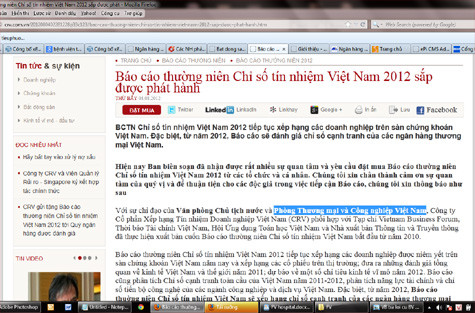 Trong khi, đơn vị xếp hạng chỉ số tín nhiệm 32 Ngân hàng Việt Nam giới thiệu trên website của mình: Báo cáo thường niên Chỉ số tín nhiệm Việt Nam có sự chỉ đạo của Văn phòng Chủ tịch nước, Phòng Thương mại và Công nghiệp Việt Nam (VCCI) nhưng các bên liên quan đều chối bỏ trách nhiệm này. (Ảnh chụp màn hình). Trong khi, đơn vị xếp hạng chỉ số tín nhiệm 32 Ngân hàng Việt Nam giới thiệu trên website của mình: Báo cáo thường niên Chỉ số tín nhiệm Việt Nam có sự chỉ đạo của Văn phòng Chủ tịch nước, Phòng Thương mại và Công nghiệp Việt Nam (VCCI) nhưng các bên liên quan đều chối bỏ trách nhiệm này. (Ảnh chụp màn hình).