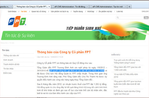 Thông báo của FPT về việc nghỉ phép của TGĐ Trương Đình Anh. Thông báo của FPT về việc nghỉ phép của TGĐ Trương Đình Anh.