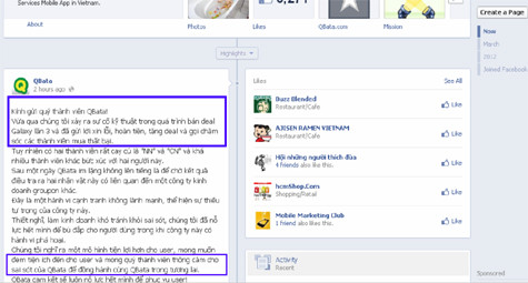 Trên Facebook, Qbata đã nhận sai lỗi kỹ thuật và gửi lời xin lỗi khách hàng (Ảnh chụp từ màn hình). Trên Facebook, Qbata đã nhận sai lỗi kỹ thuật và gửi lời xin lỗi khách hàng (Ảnh chụp từ màn hình).