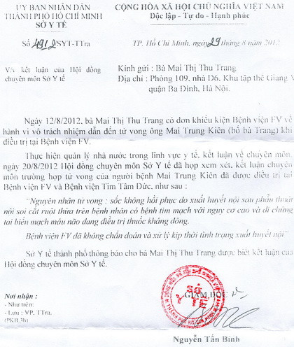 PGS.TS Phạm Nguyễn Vinh - Phó Giám đốc Bệnh viện Tim Tâm Đức cho biết: Ông đồng tình với kết luận của Sở Y tế Tp.HCM. (Ảnh: Công văn của Sở Y tế TP.HCM kết luận nguyên nhân cái tết tức tưởi của bệnh nhân Mai Trung Kiên). PGS.TS Phạm Nguyễn Vinh - Phó Giám đốc Bệnh viện Tim Tâm Đức cho biết: Ông đồng tình với kết luận của Sở Y tế Tp.HCM. (Ảnh: Công văn của Sở Y tế TP.HCM kết luận nguyên nhân cái tết tức tưởi của bệnh nhân Mai Trung Kiên).