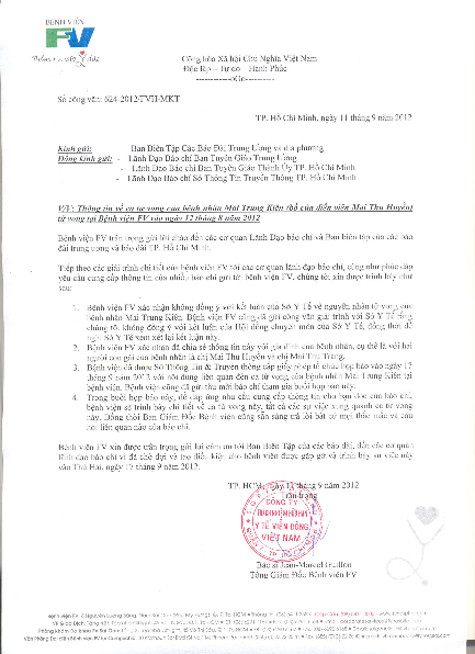 Công văn FV gửi tới báo Giáo dục Việt Nam trong đó nêu rõ: Bệnh viện FV xác nhận không đồng ý với kết luận của Sở Y tế về nguyên nhân tử vong của bệnh nhân Mai Trung Kiên”. Công văn FV gửi tới báo Giáo dục Việt Nam trong đó nêu rõ: Bệnh viện FV xác nhận không đồng ý với kết luận của Sở Y tế về nguyên nhân tử vong của bệnh nhân Mai Trung Kiên”.