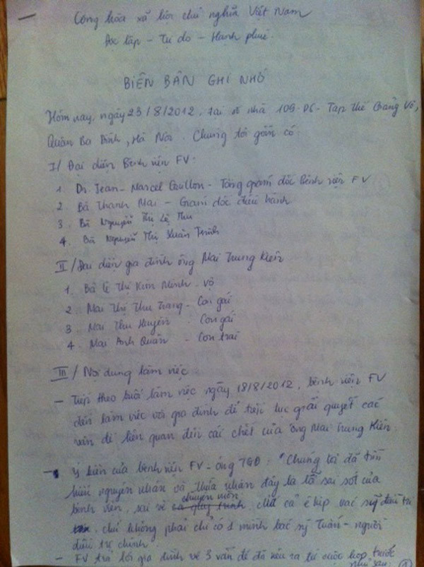 Trong biên bản buổi làm việc giữa 2 bên có chữ ký của ông TGĐ bệnh viện FV: FV đã thừa nhận sai sót về chuyên môn của mình. Tuy nhiên, không hiểu về lý do gì, sau đó, bệnh viện này đã "quay ngoắt" 180 độ. Trong biên bản buổi làm việc giữa 2 bên có chữ ký của ông TGĐ bệnh viện FV: FV đã thừa nhận sai sót về chuyên môn của mình. Tuy nhiên, không hiểu về lý do gì, sau đó, bệnh viện này đã "quay ngoắt" 180 độ.