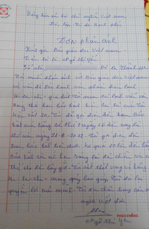 Đơn phản ánh về chế độ chăm sóc khách hàng, bảo hành của hãng Hitachi gửi báo Giáo Dục Việt Nam. Đơn phản ánh về chế độ chăm sóc khách hàng, bảo hành của hãng Hitachi gửi báo Giáo Dục Việt Nam.
