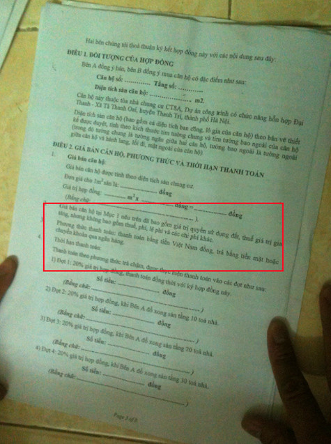 Các phương tiện thông tin đại chúng loan tin: giá bán căn hộ chung cư Đại Thanh là 14–14,7 triệu đồng/m2 (đã bao gồm VAT và 2% phí bảo trì), cộng với điều khoản trong hợp đồng mẫu CT8 không rõ ràng nên nhiều khách hàng tưởng nhầm rằng: mình không phải đóng 2% phí bảo trì. (Ảnh chụp trang 3 hợp đồng mẫu)