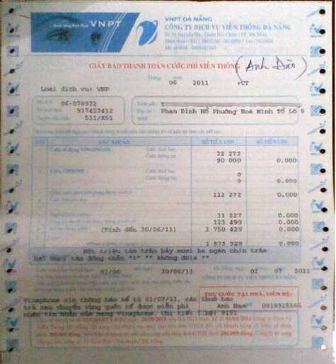 Theo anh Tặng, bảng báo cước thuê bao trả sau của anh cao hơn gấp 4 lần so với mức phí điện thoại trên thực tế anh gọi hàng tháng.