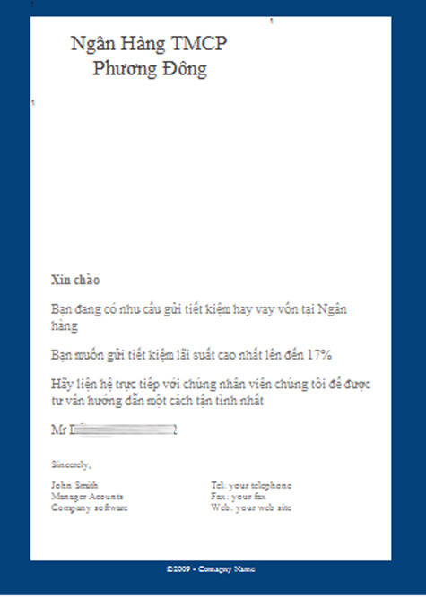 Nội dung mời chào huy động lãi suất cao nhất lên tới 17% của một người tự xưng thuộc Ngân hàng TMCP Phương Đông. Nội dung mời chào huy động lãi suất cao nhất lên tới 17% của một người tự xưng thuộc Ngân hàng TMCP Phương Đông.