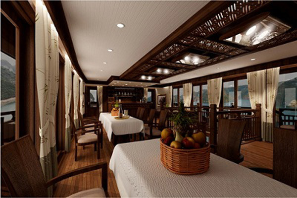 Đây là phong cách trang trí nhẹ nhàng và tráng lệ của nhà ăn trên tàu Paradise Peak với góc nhìn 360 độ ngắm toàn cảnh vịnh Hạ Long.