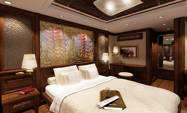 Do đó, khi tàu đang nhẹ lướt trên vịnh Hạ Long, đưa du khách đi thăm quan, ly pha lê mong manh đặt ở trên giường (hay trên bàn ăn) sẽ không hề bị lắc kể cả khi tàu vào khu vực có sóng.