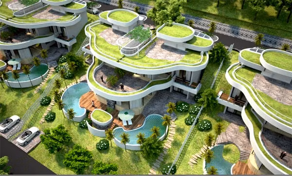 Chỉ sau 35 đến 40 phút chạy xe từ Hà Nội, bạn sẽ bắt gặp những căn biệt thự với những đường nét uốn lượn mềm mại tựa những dải mây trắng thư thái trôi giữa không gian tinh khiết, mát xanh của ngọn đồi ở vùng đất Ba Vì.