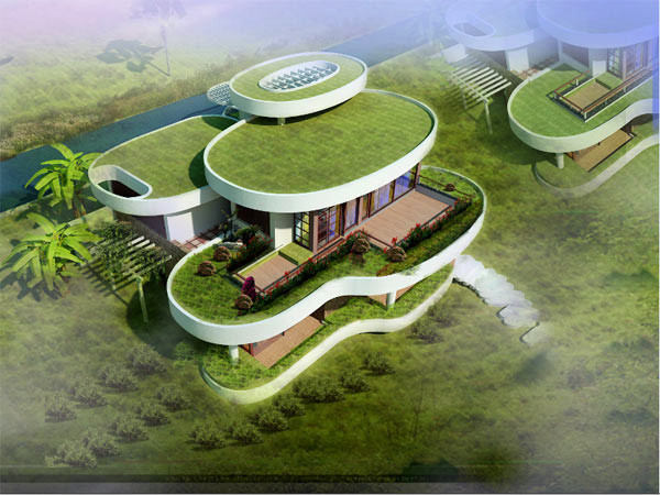 Toàn bộ phần mái, và ban công của dinh thự đều được thiết kế để có thể trở thành những khu vườn nhỏ xinh xắn, góp phần làm đẹp cảnh quan đồng thời làm mát tự nhiên cho ngôi nhà. Thiên nhiên xung quanh cũng được những đường nét uyển chuyển, mềm mại nhưng không kém phần khỏe khoắn này đưa vào bên trong dinh thự.