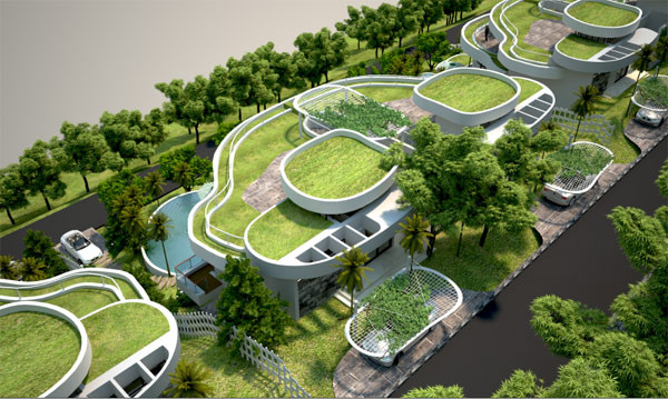 Tầng hai là nơi dành riêng cho việc nghỉ ngơi, thư giãn với 2 phòng ngủ và phòng tắm rộng. Phần mái nhà xếp lệch theo mặt ruộng bậc thang, được trồng cỏ trên mái, tạo nên những khu vườn xanh ngay trên chính ngôi nhà. Cách thiết kế này không chỉ giúp các phòng ngủ đón được ánh sáng tự nhiên và gió trời, mang thiên nhiên vào trong giấc ngủ của bạn mà còn tạo được vẻ đẹp mềm mại cho ngôi nhà.