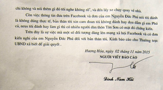 Đơn tường trình của ông Đinh Nam Hải, Trưởng Công an xã Hương Hóa có nhiều mâu thuẫn với đơn của em Nguyễn Đức Phú (Ảnh: Thủy Phan) Đơn tường trình của ông Đinh Nam Hải, Trưởng Công an xã Hương Hóa có nhiều mâu thuẫn với đơn của em Nguyễn Đức Phú (Ảnh: Thủy Phan)