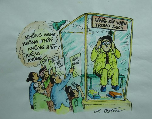 Biếm họa phê phán thói ỡm ờ, mũ ni che tai vờ như không thấy của một bộ phận quan chức, việc giả vờ này giúp họ né tránh trách nhiệm. Tranh biếm họa của Họa sĩ Hoàng Dzự Biếm họa phê phán thói ỡm ờ, mũ ni che tai vờ như không thấy của một bộ phận quan chức, việc giả vờ này giúp họ né tránh trách nhiệm. Tranh biếm họa của Họa sĩ Hoàng Dzự