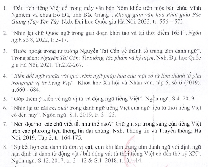 Danh mục một số bài báo đăng trên tạp chí trong nước trong thời gian 5 năm gần đây của Giáo sư Vũ Đức Nghiệu (ảnh chụp màn hình một phần bản kê khai của thầy Nghiệu) Danh mục một số bài báo đăng trên tạp chí trong nước trong thời gian 5 năm gần đây của Giáo sư Vũ Đức Nghiệu (ảnh chụp màn hình một phần bản kê khai của thầy Nghiệu)