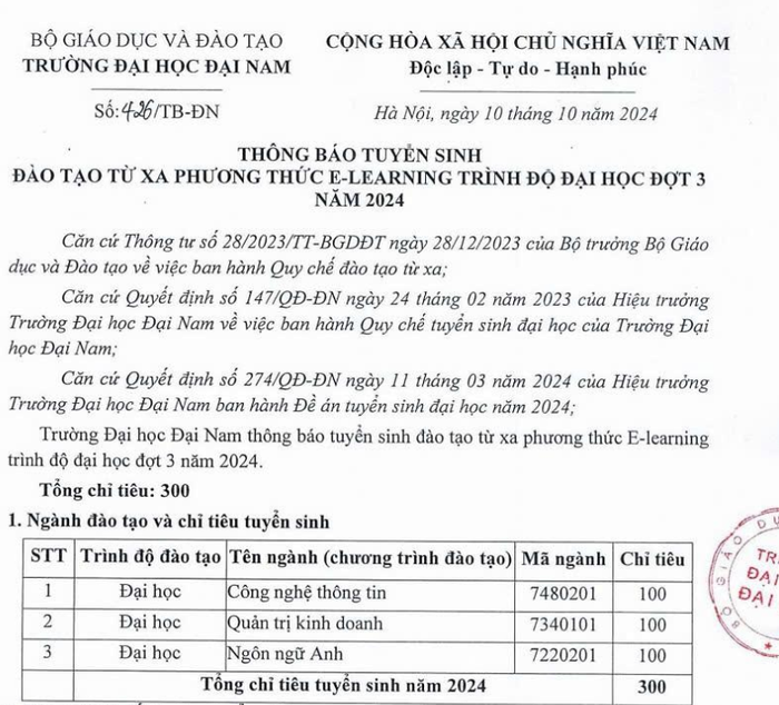 3 ngành thông báo tuyển sinh đào tạo từ xa trình độ đại học đợt 3 năm 2024. Ảnh: Chụp màn hình 3 ngành thông báo tuyển sinh đào tạo từ xa trình độ đại học đợt 3 năm 2024. Ảnh: Chụp màn hình