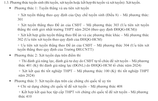 Phương thức tuyển sinh của Trường Đại học Công nghệ Thông tin, Đại học Quốc Gia Thành phố Hồ Chí Minh theo đề án tuyển sinh 2024. Ảnh chụp màn hình. dhgqtphcm.png