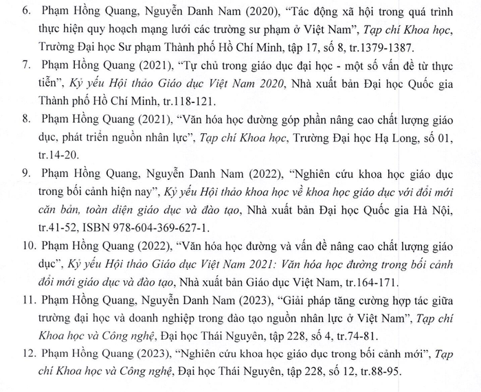 Một số bài báo đăng trên tạp chí trong nước của Giáo sư Phạm Hồng Quang (ảnh chụp màn hình bản kê khai của thầy Quang). Một số bài báo đăng trên tạp chí trong nước của Giáo sư Phạm Hồng Quang (ảnh chụp màn hình bản kê khai của thầy Quang).