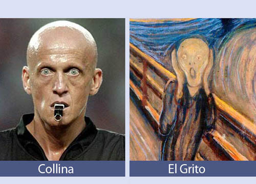 Cựu trọng tài nổi tiếng người Italy, Collina trông giống nhân vật trong bức tranh The Scream của danh họa Edvard Munch. Cựu trọng tài nổi tiếng người Italy, Collina trông giống nhân vật trong bức tranh The Scream của danh họa Edvard Munch.