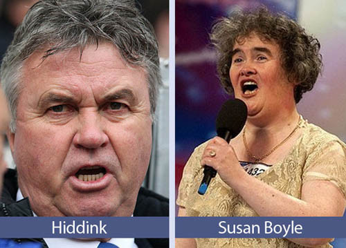HLV Guus Hiddink như người nhà với nữ ca sĩ Susan Boyle, tài năng âm nhạc được phát hiện qua cuộc thi Britain”s Got Talent năm 2009. HLV Guus Hiddink như người nhà với nữ ca sĩ Susan Boyle, tài năng âm nhạc được phát hiện qua cuộc thi Britain”s Got Talent năm 2009.