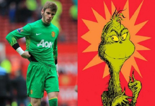 Thủ thành của MU, De Gea gợi cho chúng ta nhớ tới nhân vật hoạt hình The Grinch. Thủ thành của MU, De Gea gợi cho chúng ta nhớ tới nhân vật hoạt hình The Grinch.