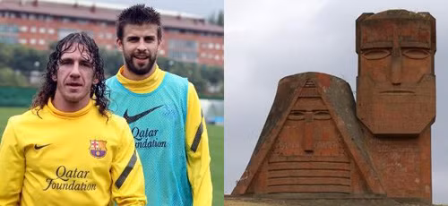 Puyol và Pique đứng cạnh nhau giống như bức tượng này.