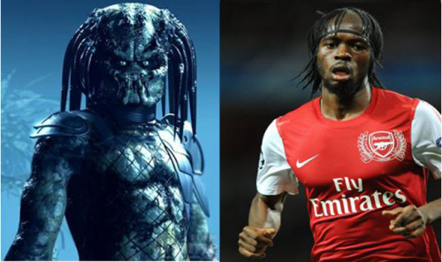 Tiền đạo Gervinho của Arsenal và nhân vật trong phim Predator. Tiền đạo Gervinho của Arsenal và nhân vật trong phim Predator.
