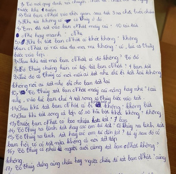 Một phiếu khai sự việc của học sinh lớp 6.2 trường trung học cơ sở Duy Ninh. Ảnh: NP Một phiếu khai sự việc của học sinh lớp 6.2 trường trung học cơ sở Duy Ninh. Ảnh: NP