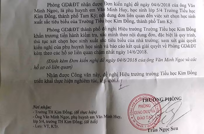 Phòng giáo dục Tam Kỳ yêu cầu nhà trường kiểm tra và báo cáo kết quả trước ngày 14/6.