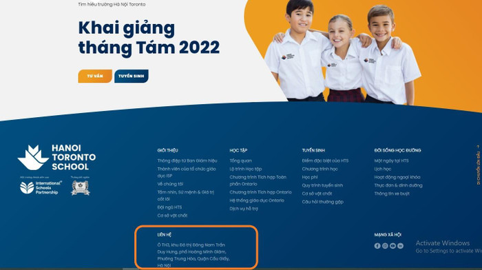 Hà Nội Toronto School thông tin khai giảng tháng 8/2022 với địa chỉ được gắn là lô TH3, khu đô thị Đông Nam Trần Duy Hưng, phường Trung Hòa, Cầu Giấy. Ảnh chụp màn hình Hà Nội Toronto School thông tin khai giảng tháng 8/2022 với địa chỉ được gắn là lô TH3, khu đô thị Đông Nam Trần Duy Hưng, phường Trung Hòa, Cầu Giấy. Ảnh chụp màn hình