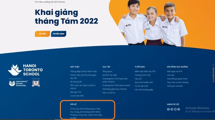 Hà Nội Toronto School thông tin khai giảng tháng 8/2022 với địa chỉ được gắn là lô TH3, khu đô thị Đông Nam Trần Duy Hưng, phường Trung Hòa, Cầu Giấy. Ảnh chụp màn hình