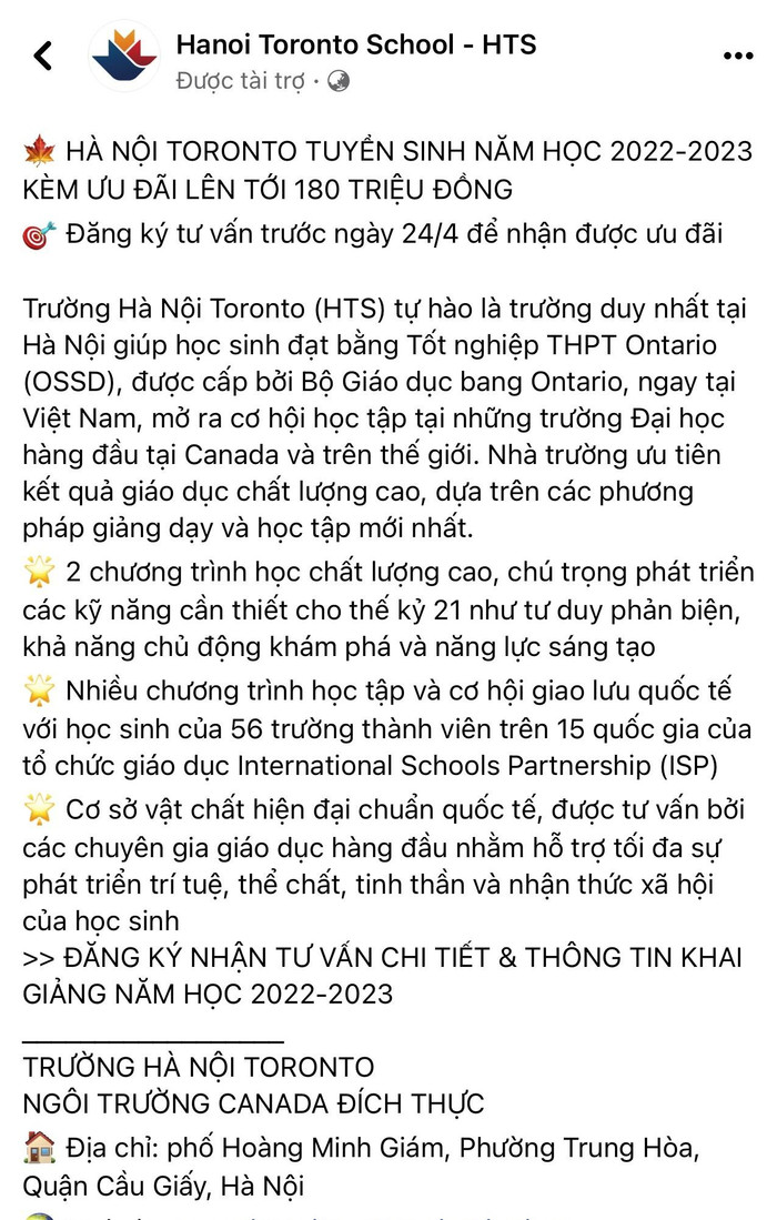 Thông tin tuyển sinh năm học 2022-2023 được quảng cáo công khai, rõ ràng trên facebook từ đầu tháng 4/2022 khiến không ít phụ huynh băn khoăn. Ảnh chụp màn hình Thông tin tuyển sinh năm học 2022-2023 được quảng cáo công khai, rõ ràng trên facebook từ đầu tháng 4/2022 khiến không ít phụ huynh băn khoăn. Ảnh chụp màn hình