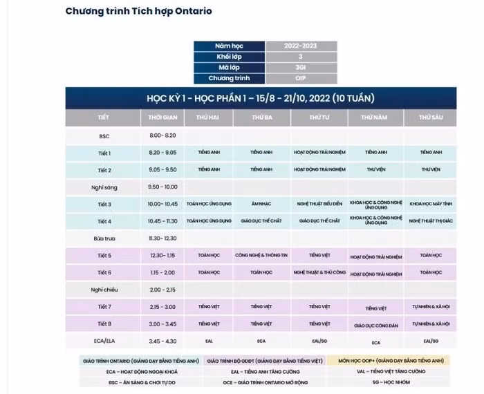 Thời khóa biểu của Chương trình tích hợp Ontario được cơ sở này đăng tải. Ảnh: Chụp màn hình
