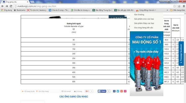 Quảng cáo kích thước ống gang cầu tại địa chỉ maidong1.com.vn (Ảnh chụp màn hình) Quảng cáo kích thước ống gang cầu tại địa chỉ maidong1.com.vn (Ảnh chụp màn hình)