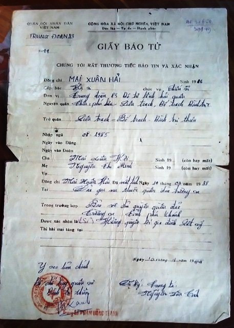 Giấy báo tử đã được gửi về gia đình anh Mai Xuân Hải cách đây gần 28 năm trước (Ảnh: Thủy Phan) Giấy báo tử đã được gửi về gia đình anh Mai Xuân Hải cách đây gần 28 năm trước (Ảnh: Thủy Phan)