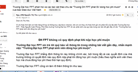 Nội dung email phản hồi của Phó Hiệu trưởng, Trường ĐH FPT đến Báo Giáo dục Việt Nam Nội dung email phản hồi của Phó Hiệu trưởng, Trường ĐH FPT đến Báo Giáo dục Việt Nam