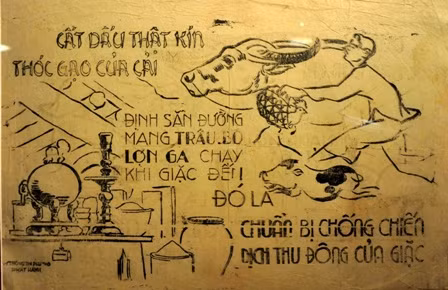 Tranh tuyên truyền, Thông tin tỉnh Phú Thọ phát hành vận động nhân dân cất giấu gạo thóc, tài sản, chuẩn bị sẵn sàng chống chiến dịch Thu Đông của Pháp.