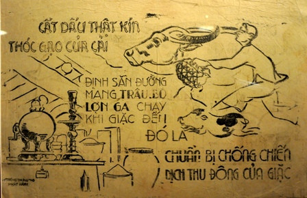 Tranh tuyên truyền, Thông tin tỉnh Phú Thọ phát hành vận động nhân dân cất giấu gạo thóc, tài sản, chuẩn bị sẵn sàng chống chiến dịch Thu Đông của Pháp.