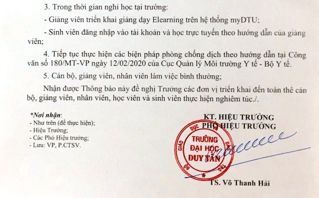 Công văn thông báo cho sinh viên nghỉ học từ ngày 9/3 của Trường Đại học Tân (Đà Nẵng). Ảnh: AN Công văn thông báo cho sinh viên nghỉ học từ ngày 9/3 của Trường Đại học Tân (Đà Nẵng). Ảnh: AN