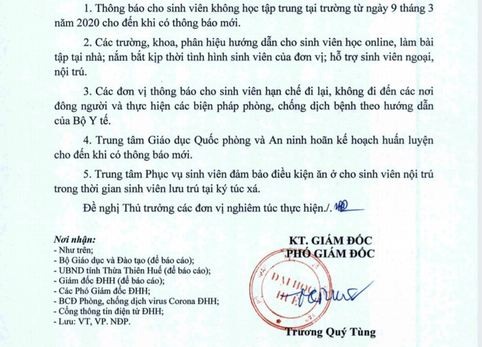 Đại học Huế thông báo cho sinh viên nghỉ học đến ngày 15/3 sau một tuần đi học trở lại từ ngày 2/3. Đại học Huế thông báo cho sinh viên nghỉ học đến ngày 15/3 sau một tuần đi học trở lại từ ngày 2/3.