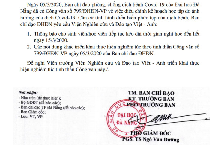 Công văn của Ban chỉ đạo phòng, chống dịch bệnh Covid-19 của Đại học Đà Nẵng yêu cầu Viện Nghiên cứu và Đào tạo Việt Anh tiếp tục cho sinh viên nghỉ học. Ảnh: AN Công văn của Ban chỉ đạo phòng, chống dịch bệnh Covid-19 của Đại học Đà Nẵng yêu cầu Viện Nghiên cứu và Đào tạo Việt Anh tiếp tục cho sinh viên nghỉ học. Ảnh: AN