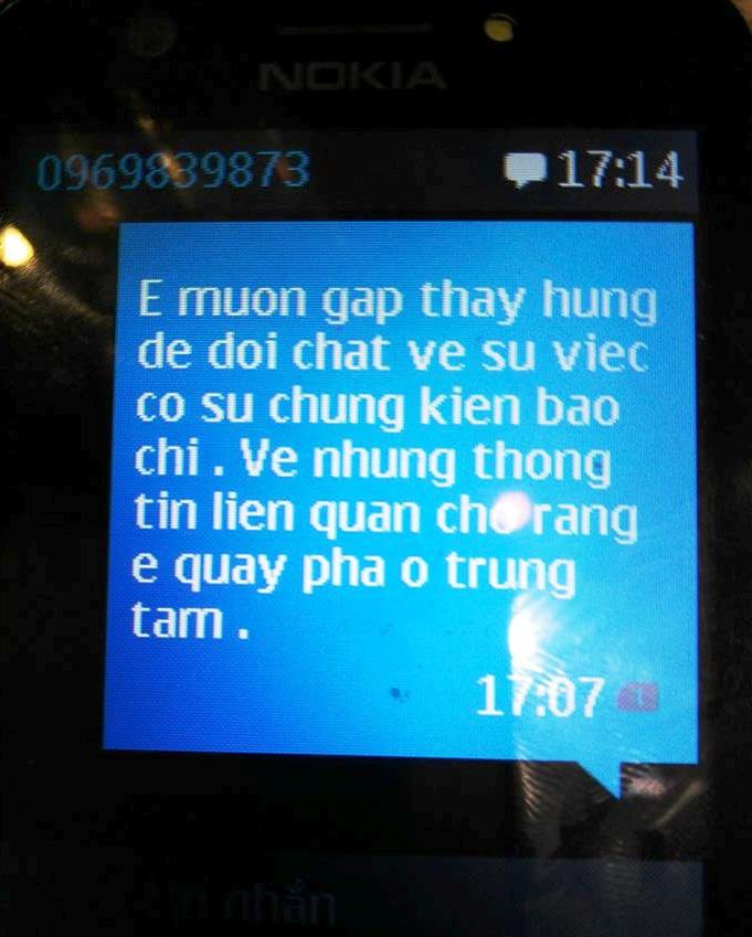 Nội dung thông tin anh Nguyễn Văn Thắng nhắn vào số điện thoại của Học viện Kinh tế Sáng tạo (ảnh Trinh Phúc). Nội dung thông tin anh Nguyễn Văn Thắng nhắn vào số điện thoại của Học viện Kinh tế Sáng tạo (ảnh Trinh Phúc).