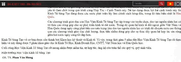 Chức danh Giáo sư mà ông Phan Văn Hưng tự nhận vẫn chưa được gỡ bỏ (ảnh Trinh Phúc chụp màn hình website). Chức danh Giáo sư mà ông Phan Văn Hưng tự nhận vẫn chưa được gỡ bỏ (ảnh Trinh Phúc chụp màn hình website).