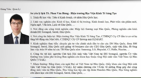 Ông Hưng vẫn nhận mình là Hiệu trưởng trên website của Học viện Kinh tế Sáng tạo (ảnh Trinh Phúc chụp màn hình website). Ông Hưng vẫn nhận mình là Hiệu trưởng trên website của Học viện Kinh tế Sáng tạo (ảnh Trinh Phúc chụp màn hình website).