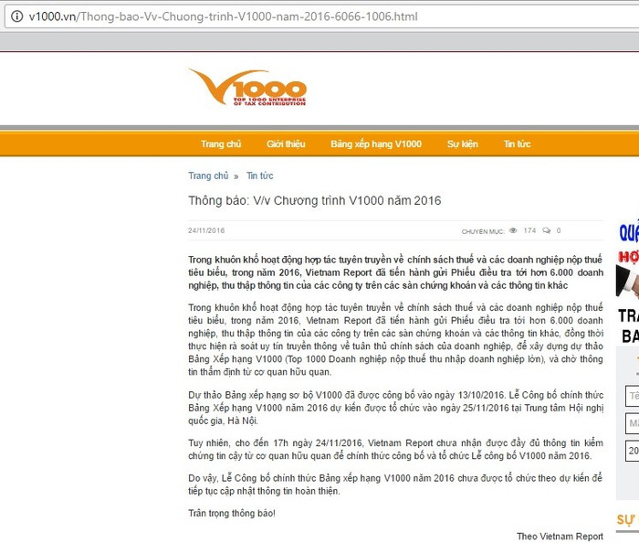 Vietnam Report bất ngờ không công bố danh sách Bảng xếp hạng V1000 theo như kế hoạch ban đầu - ảnh chụp màn hình. Vietnam Report bất ngờ không công bố danh sách Bảng xếp hạng V1000 theo như kế hoạch ban đầu - ảnh chụp màn hình.